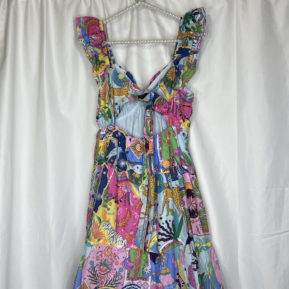 J Marie The Sloane Ruffle Strap Tie Midi Dress Ruffle Sleeve Maxi Cats Birds M - Picture 6 of 12